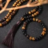 Unisex Natural Yellow Tiger Eye Black Agate Beaded Mala Necklace 2