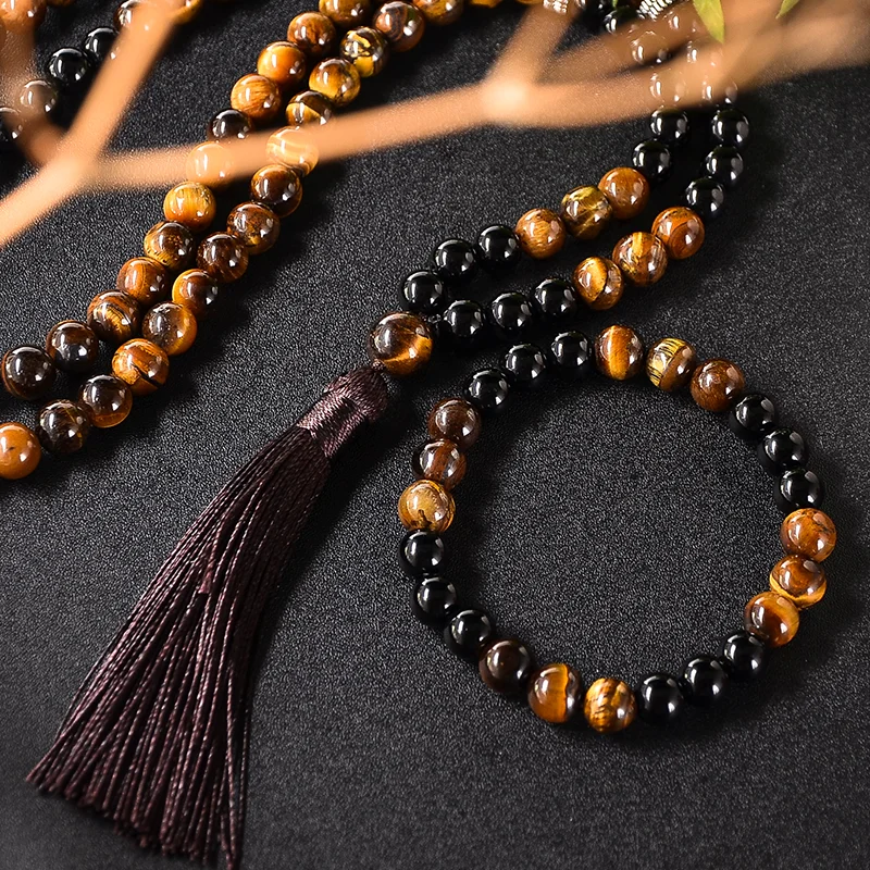 Unisex Natural Yellow Tiger Eye Black Agate Beaded Mala Necklace 2